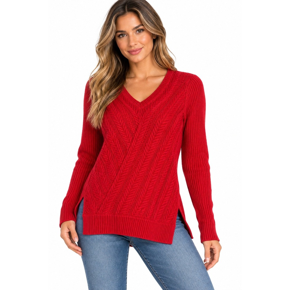 Croft & Barrow Cable Knit Sweater Size M Holiday Red V Neck Cotton Side Slit New